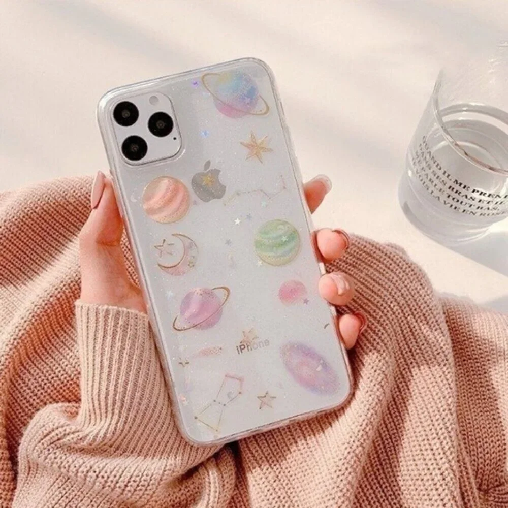NWT iPhone XR Clear Space Galaxy Stars Planets Glittery Phone Case